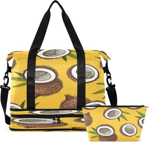 Travel Duffel Bag Hand Painted Coconuts Weekender Overnight Bag for Women Men With Shoe Compartments Yellow Background Sports Tote Gym Bag with Wet Pocket for Travel Sport Yoga 17 Inch