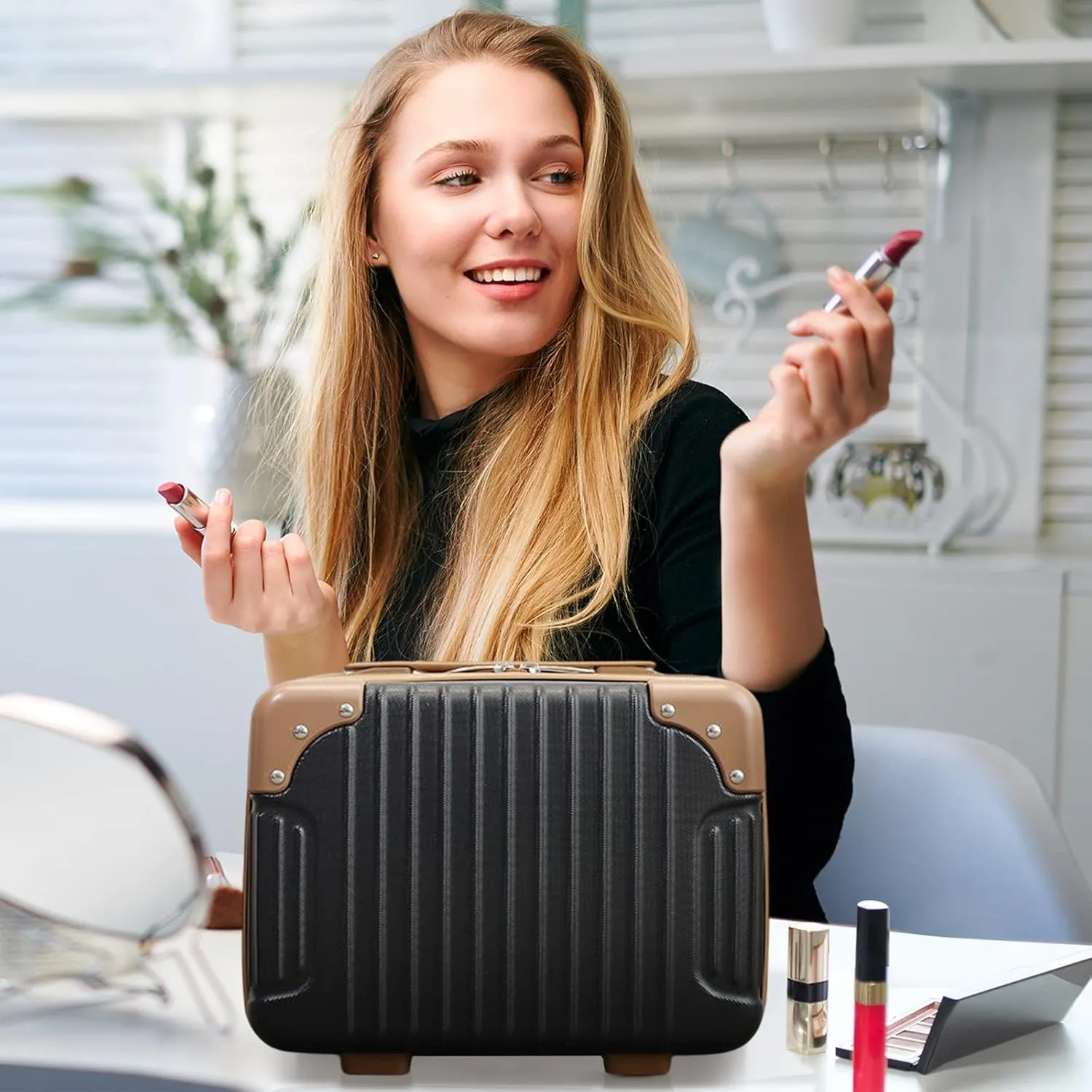 Travel Makeup Case - Waterproof ABS Hard Shell Toiletry Case with Elastic Band and Zipper for Women and Girls - Lipstick and Skin Care