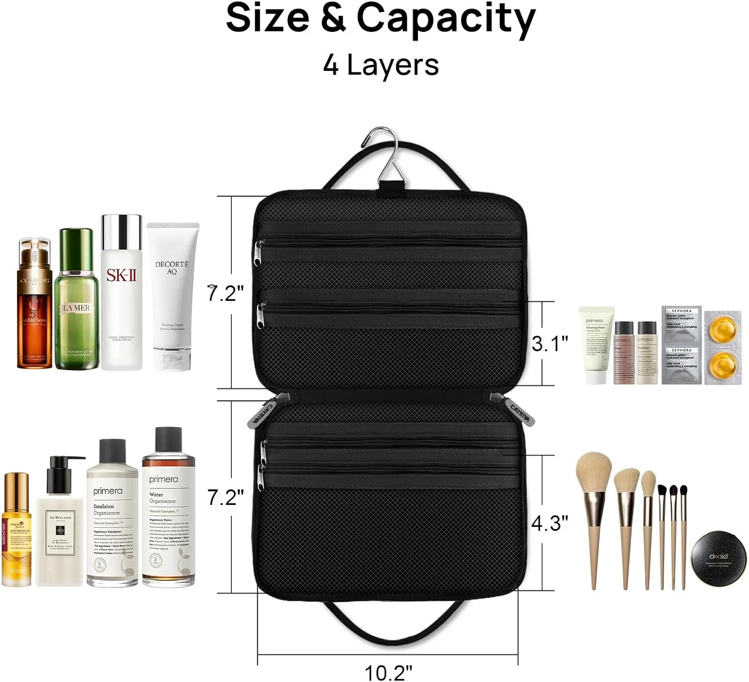 Travel Toiletry Bag for Women & Men, Portable Travel Cosmetic Bag with Hanging Hook, Water-proof Toiletry Organizer for Accessories, Shampoo, Full-size Container, Toiletries, Black