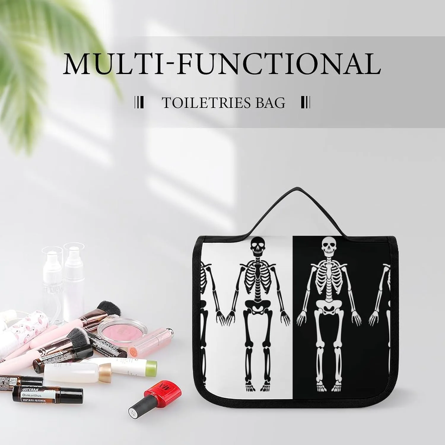 Travel Toiletry Bag for Women Men, Waterproof Makeup Bag Shaving Bag with Hanging Hook, Portable Toiletry Organizer Compatible with Skeleton Black And White for Traveling and Camping