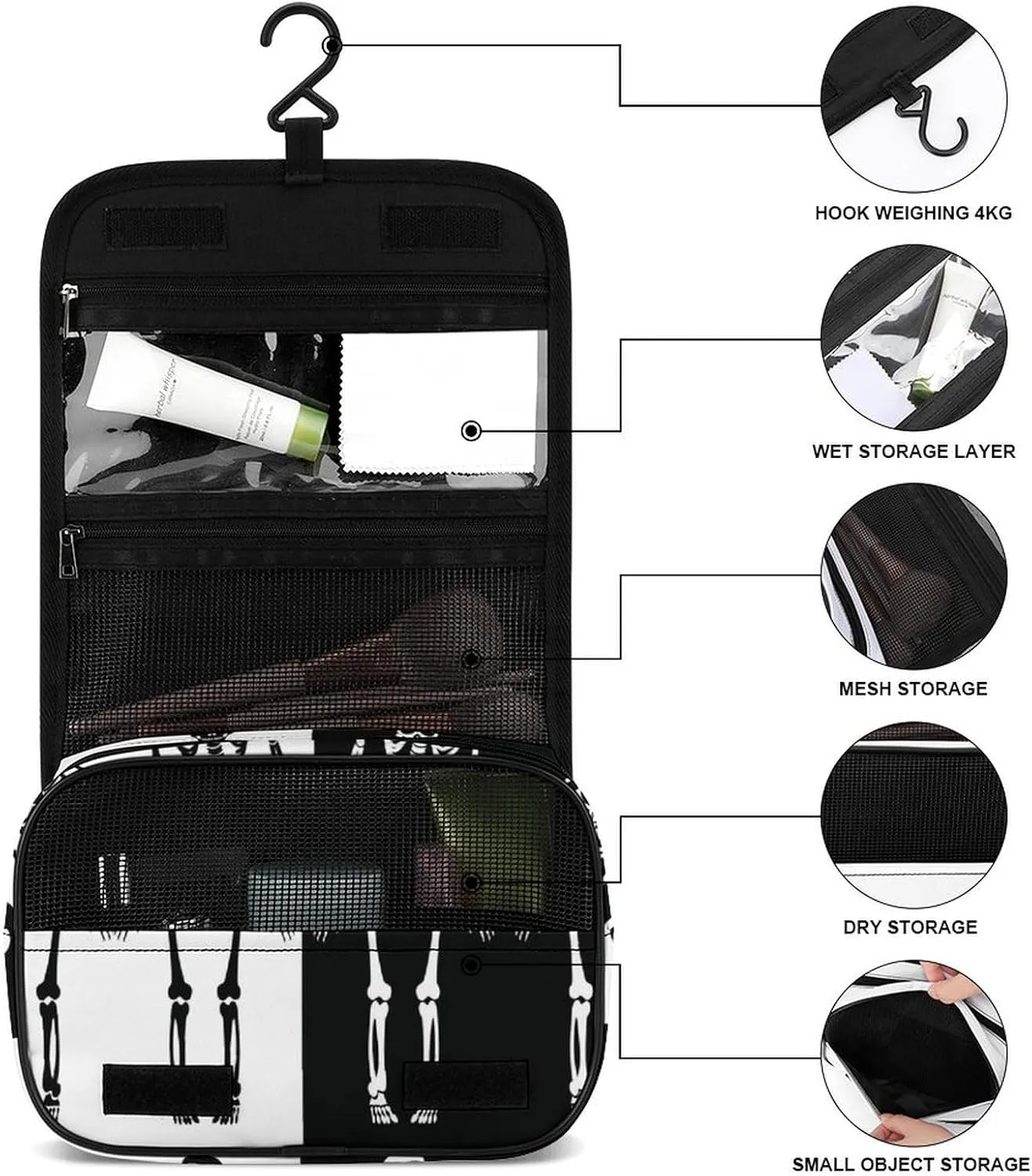 Travel Toiletry Bag for Women Men, Waterproof Makeup Bag Shaving Bag with Hanging Hook, Portable Toiletry Organizer Compatible with Skeleton Black And White for Traveling and Camping