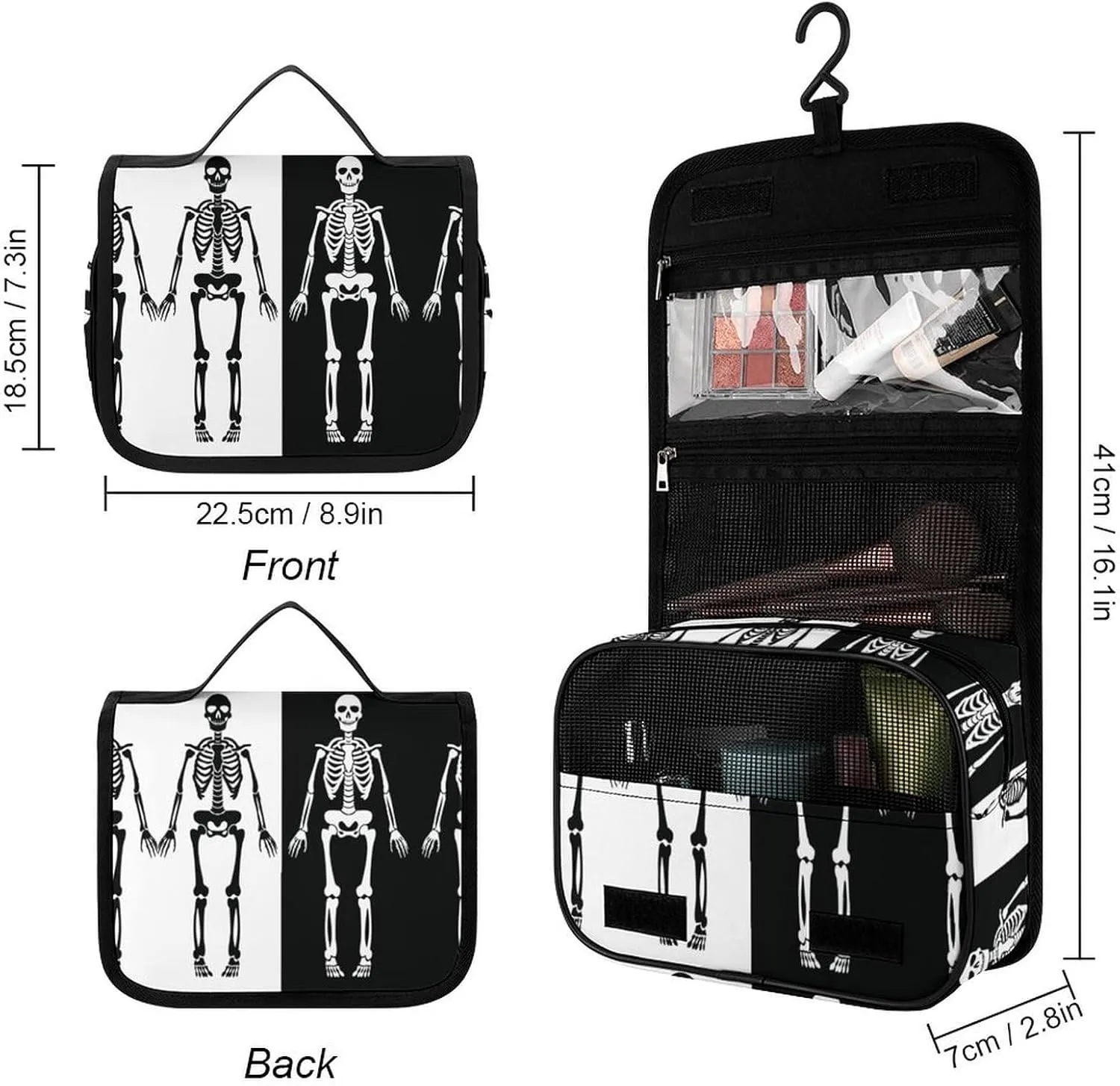 Travel Toiletry Bag for Women Men, Waterproof Makeup Bag Shaving Bag with Hanging Hook, Portable Toiletry Organizer Compatible with Skeleton Black And White for Traveling and Camping