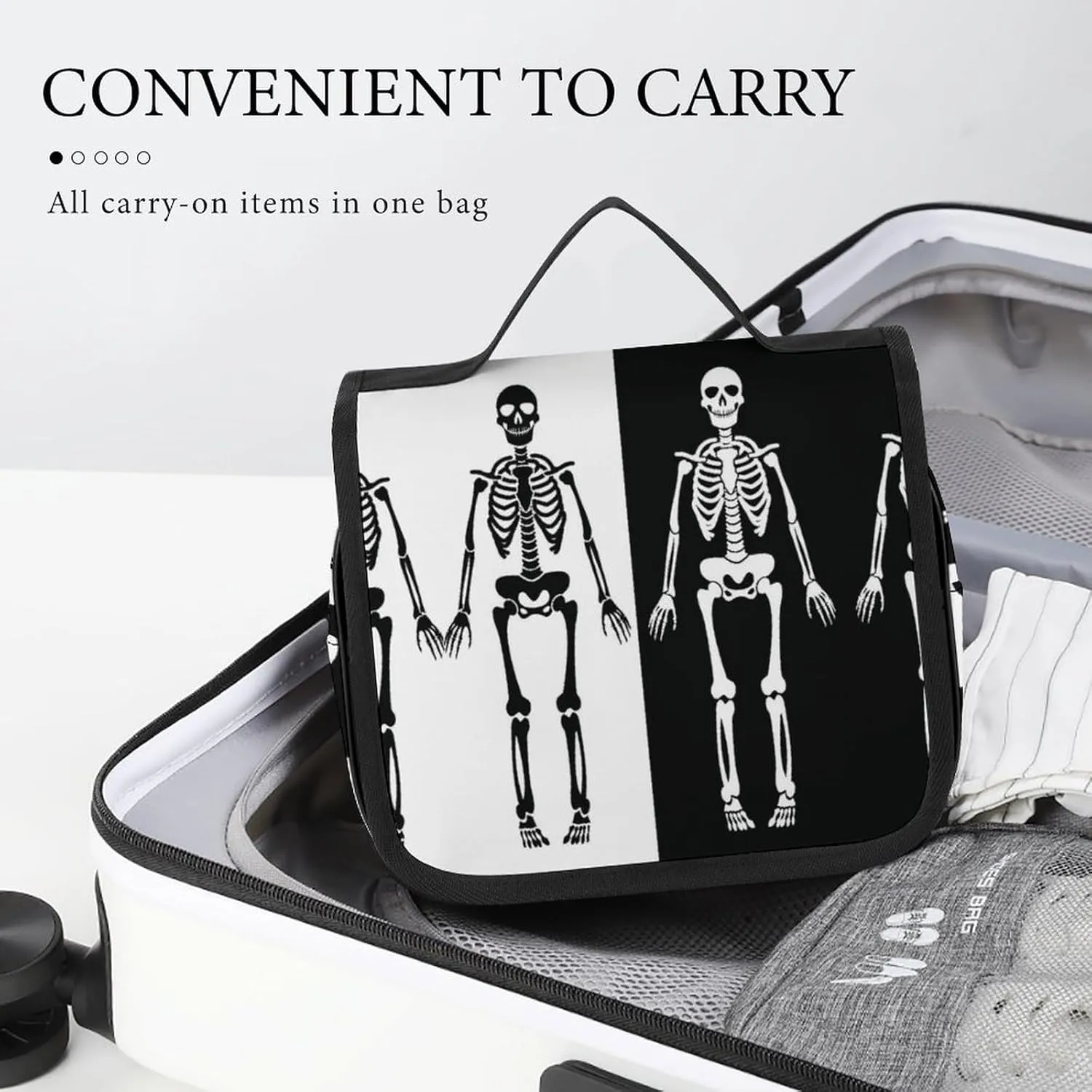Travel Toiletry Bag for Women Men, Waterproof Makeup Bag Shaving Bag with Hanging Hook, Portable Toiletry Organizer Compatible with Skeleton Black And White for Traveling and Camping
