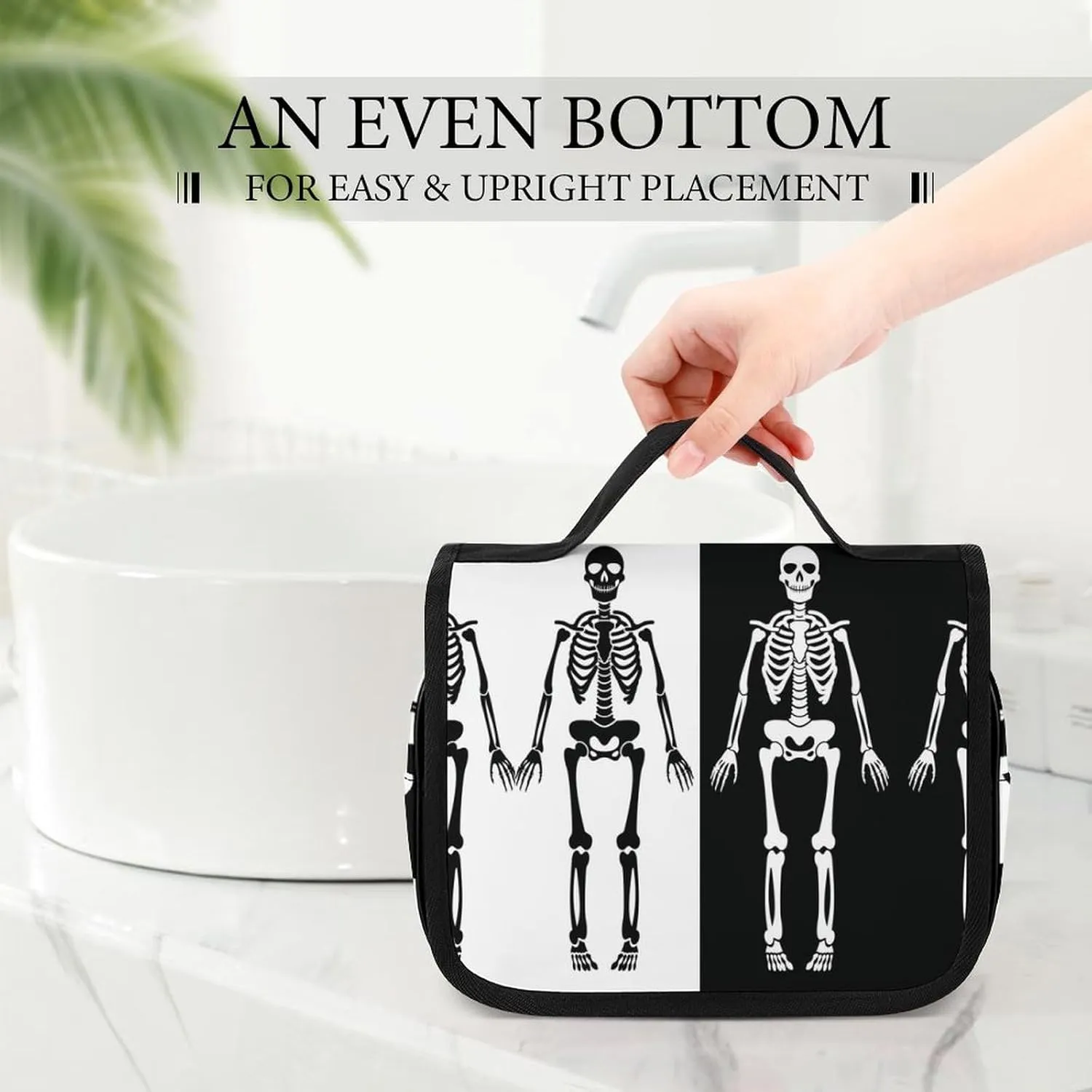 Travel Toiletry Bag for Women Men, Waterproof Makeup Bag Shaving Bag with Hanging Hook, Portable Toiletry Organizer Compatible with Skeleton Black And White for Traveling and Camping