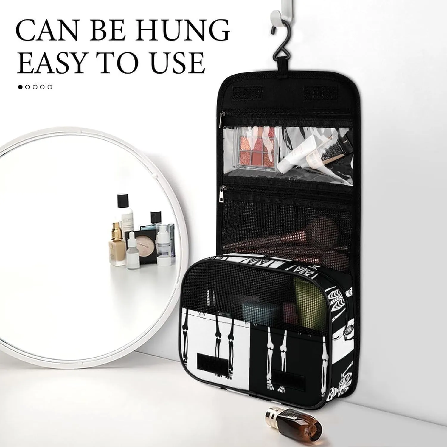 Travel Toiletry Bag for Women Men, Waterproof Makeup Bag Shaving Bag with Hanging Hook, Portable Toiletry Organizer Compatible with Skeleton Black And White for Traveling and Camping