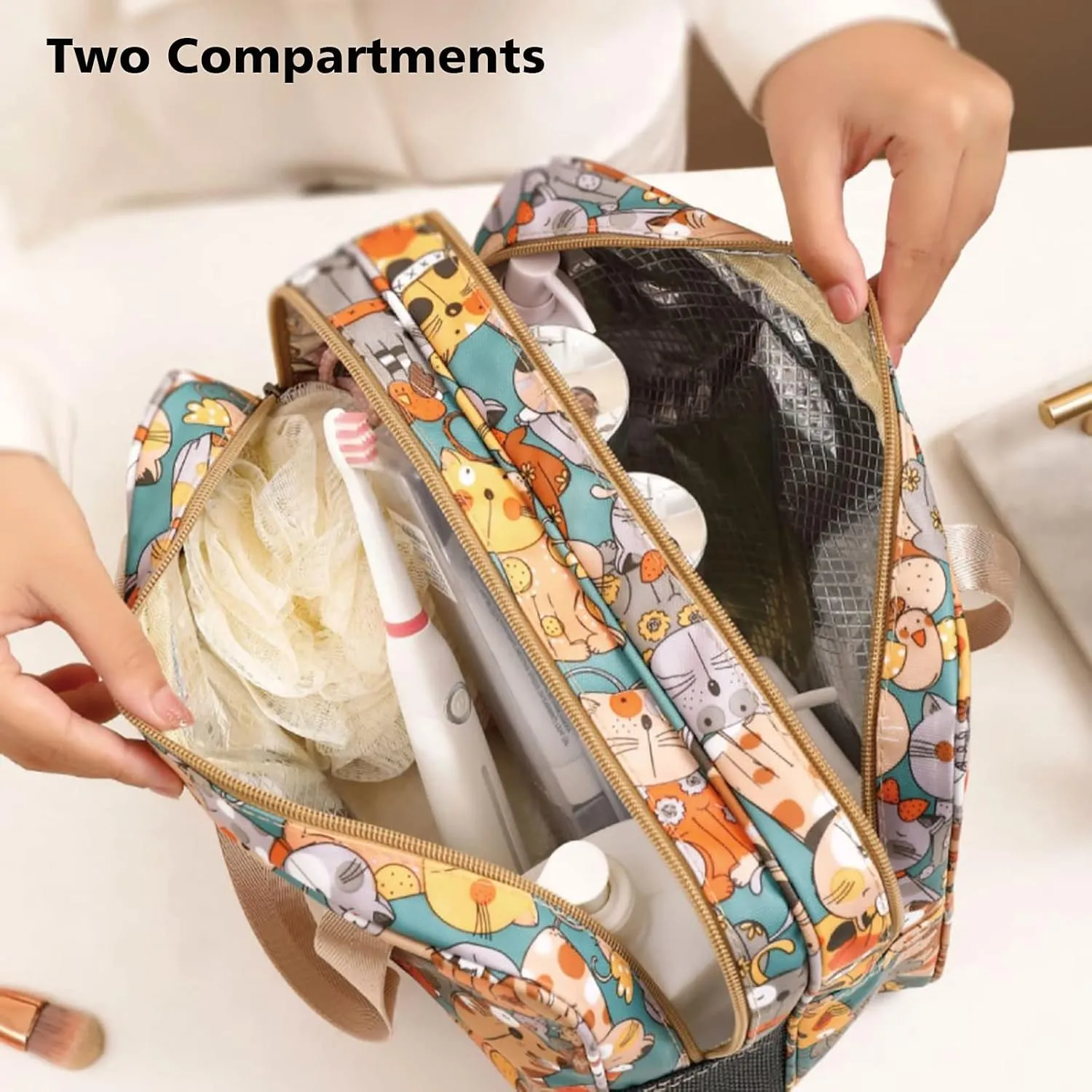Travel Toiletry Bag for Women, Waterproof Shower Bag with Handy Handle, Makeup Cosmetic Organizer Bag for Travel Toiletries Accessories (Fancy Cat Pattern - XL)