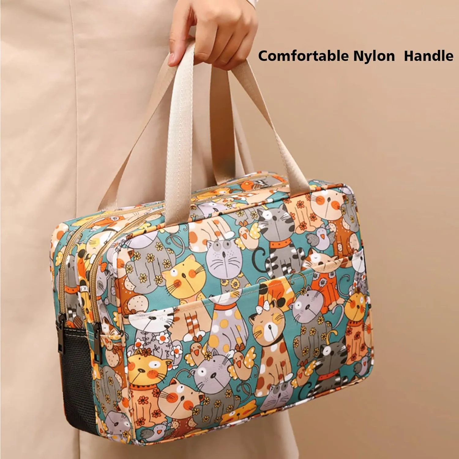 Travel Toiletry Bag for Women, Waterproof Shower Bag with Handy Handle, Makeup Cosmetic Organizer Bag for Travel Toiletries Accessories (Fancy Cat Pattern - XL)