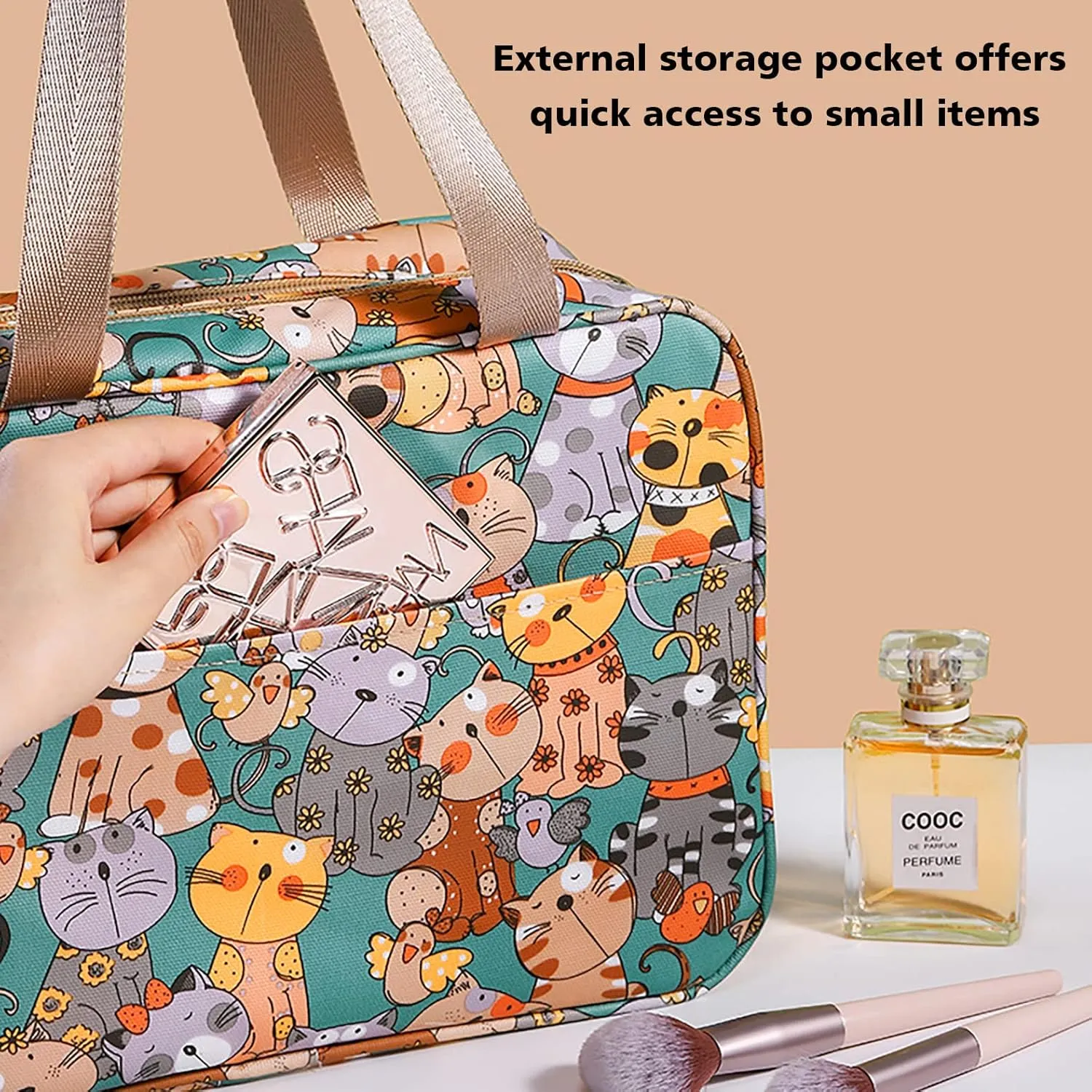 Travel Toiletry Bag for Women, Waterproof Shower Bag with Handy Handle, Makeup Cosmetic Organizer Bag for Travel Toiletries Accessories (Fancy Cat Pattern - XL)