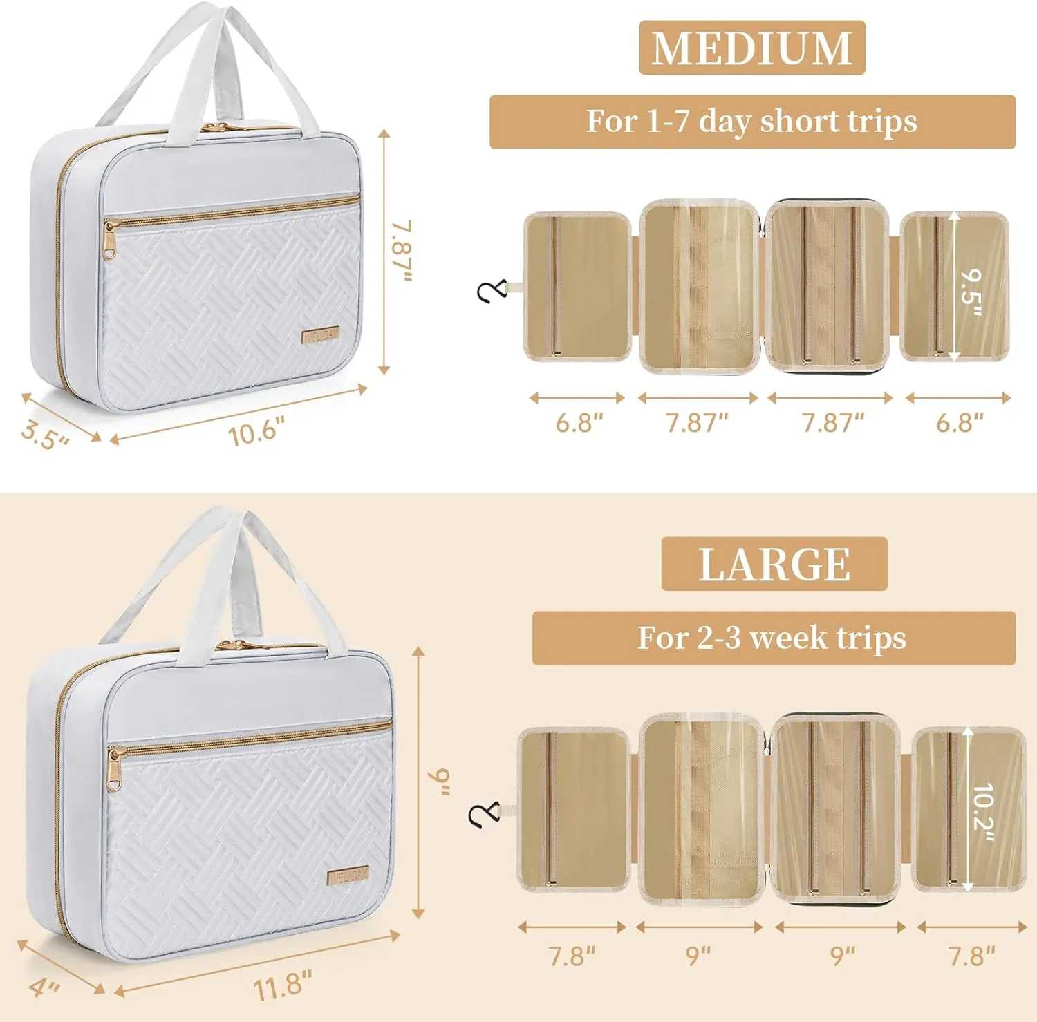 Travel Toiletry Bag - Spacious Toiletry Bag with Hanging Hook, Waterproof Makeup Bag for Women & Men, Travel Essentials (Medium-White)