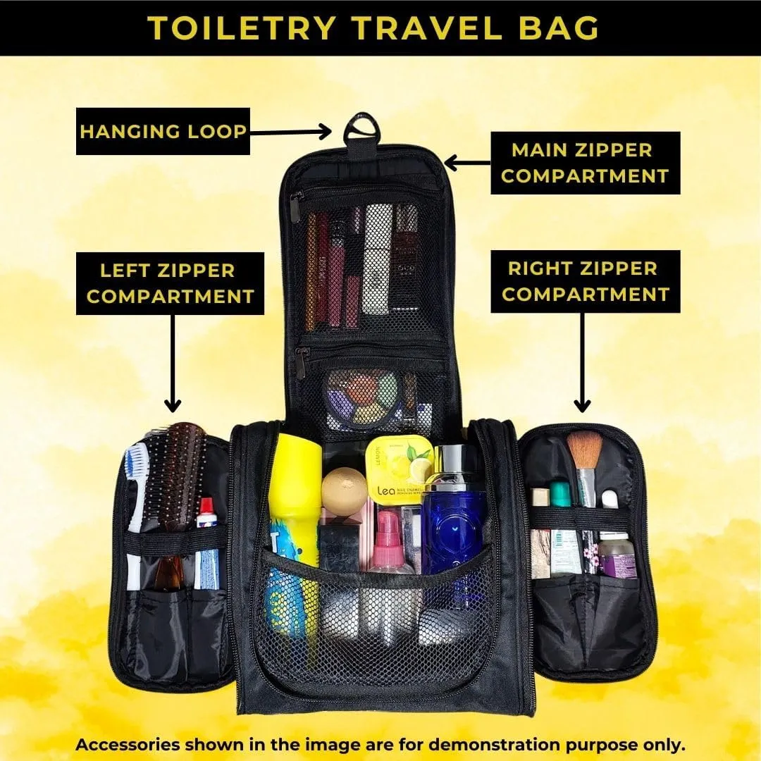 Travel Toiletry Bag with Hanging Hook, Waterproof Travel Pouch with Multiple Compartments for Cosmetics and Toiletries, Black