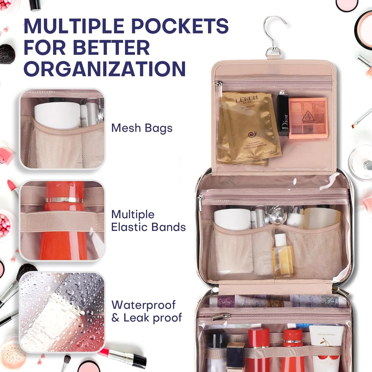 Travel Toiletry Bags with Hanging Hook for Full-size Toiletries, Brushes Set, Cosmetics - Large Grey Blue