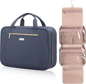 Travel Toiletry Bags with Hanging Hook for Full-size Toiletries, Brushes Set, Cosmetics - Large Grey Blue
