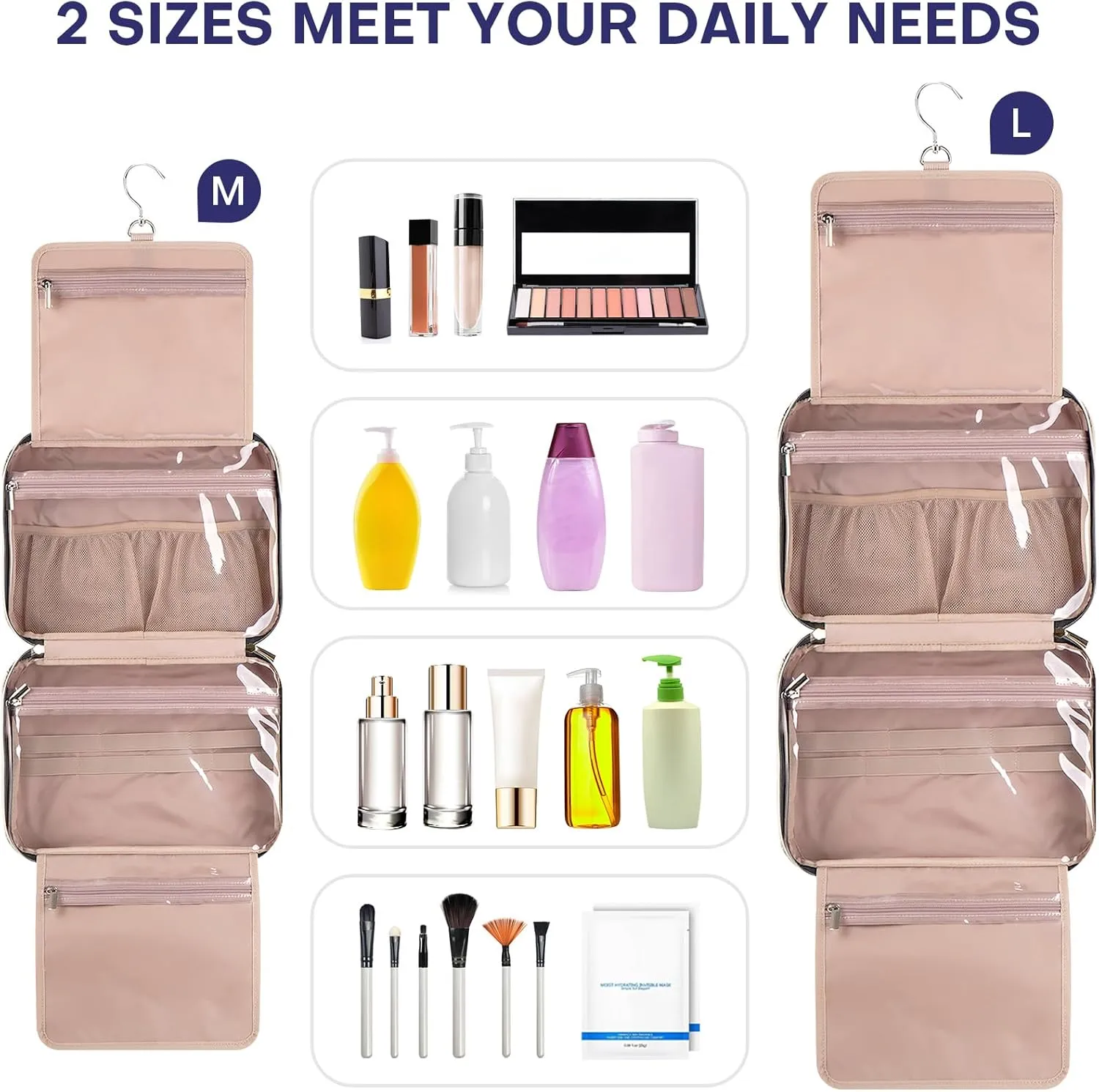 Travel Toiletry Bags with Hanging Hook for Full-size Toiletries, Brushes Set, Cosmetics - Large Grey Blue