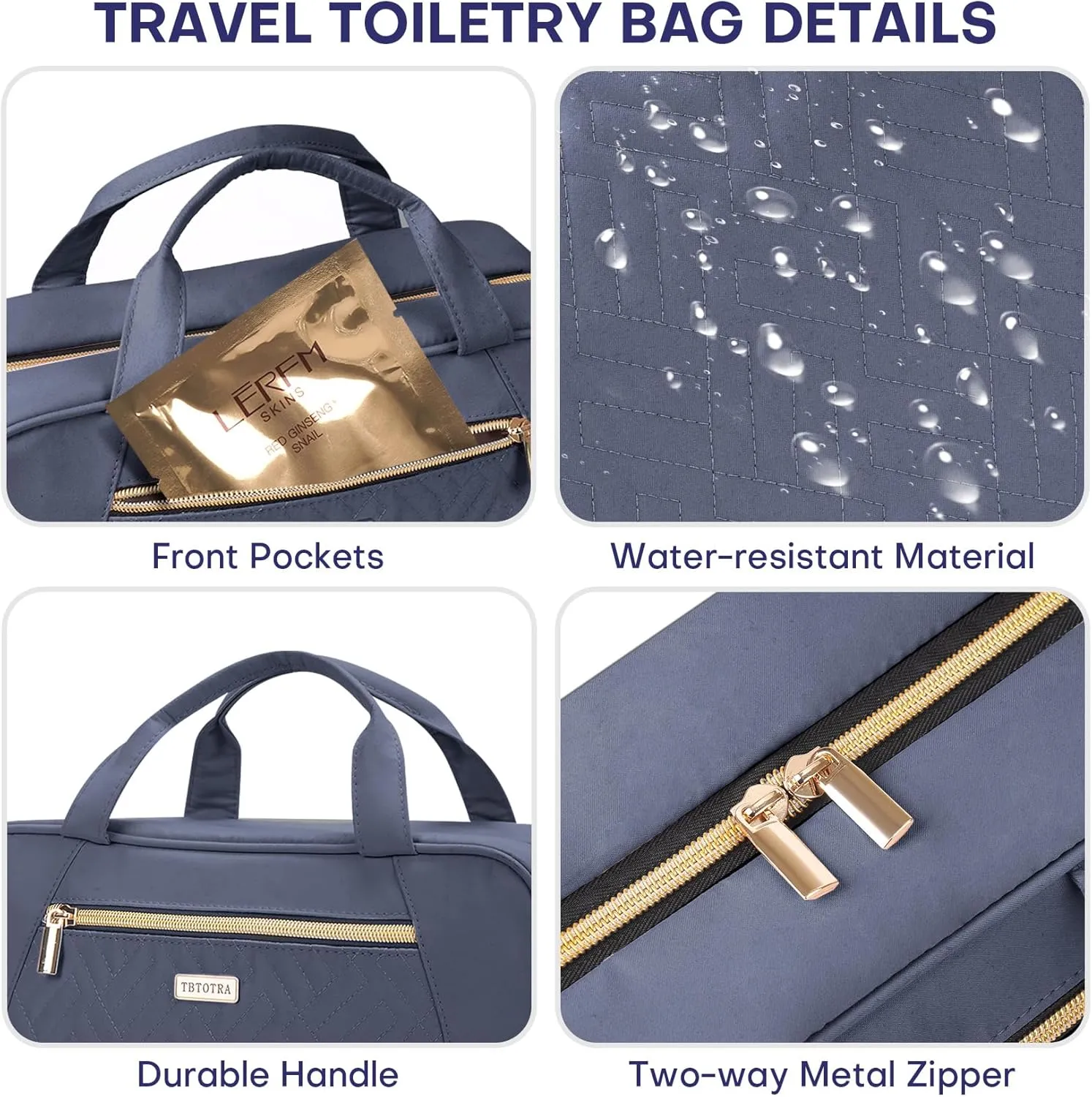 Travel Toiletry Bags with Hanging Hook for Full-size Toiletries, Brushes Set, Cosmetics - Large Grey Blue