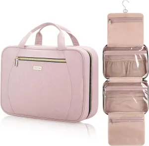 Travel Toiletry Bags with Hanging Hook for Full-size Toiletries, Brushes Set, Cosmetics - Large Pink