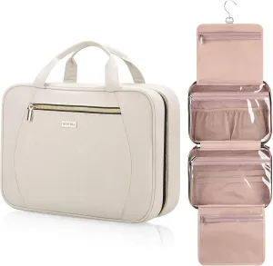 Travel Toiletry Bags with Hanging Hook for Full-size Toiletries, Brushes Set, Cosmetics - Medium Beige