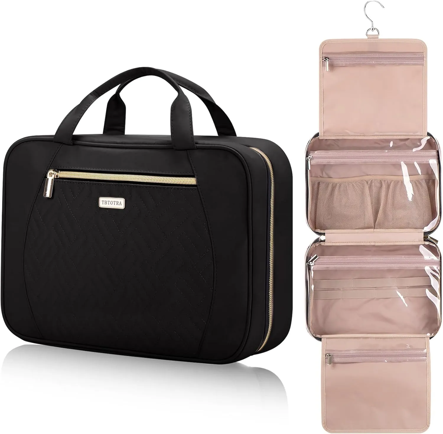 Travel Toiletry Bags with Hanging Hook for Full-size Toiletries, Brushes Set, Cosmetics - Medium Black