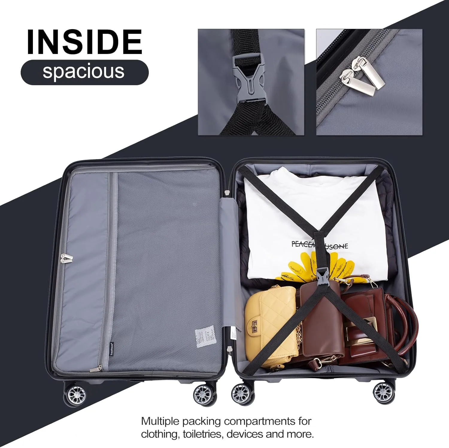 Travelhouse Amalodie Hardshell Upright Spinner Wheel Suitcase Set PP ABS, Lightweight Checked Carry-On Luggage 3-Piece Set with Spinner Wheels TSA Locks 20" 24" 28" (Jet Black)