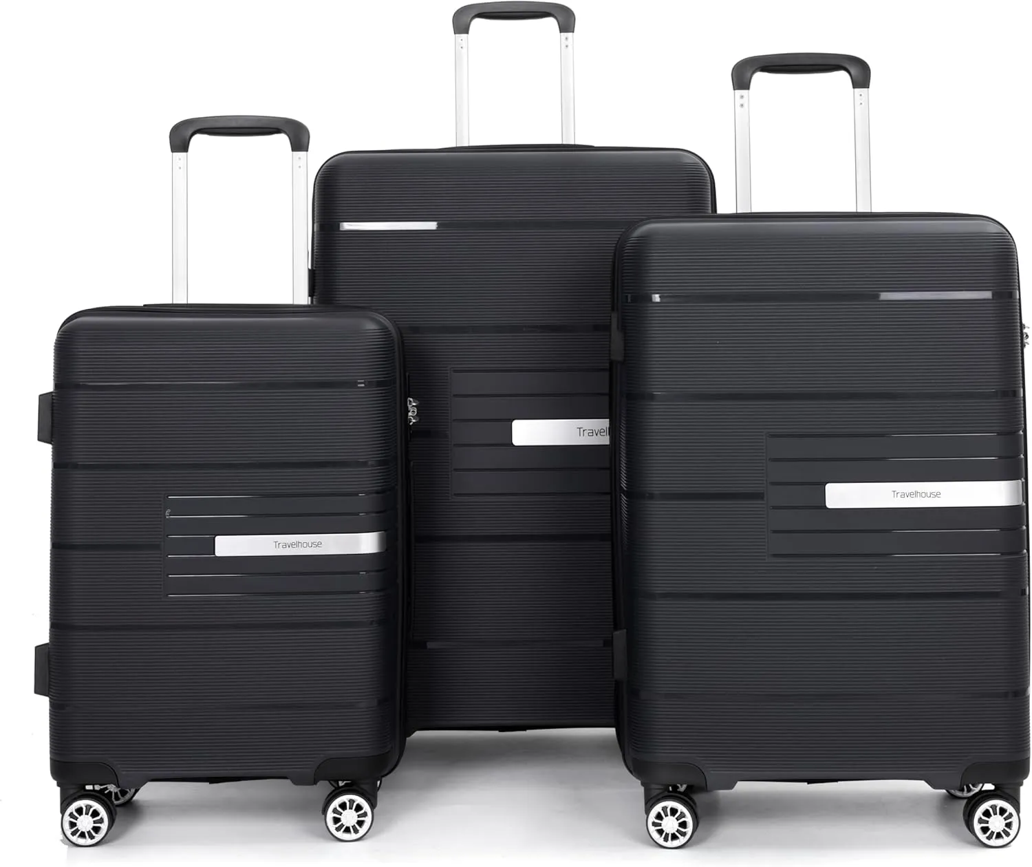 Travelhouse Amalodie Hardshell Upright Spinner Wheel Suitcase Set PP ABS, Lightweight Checked Carry-On Luggage 3-Piece Set with Spinner Wheels TSA Locks 20" 24" 28" (Jet Black)