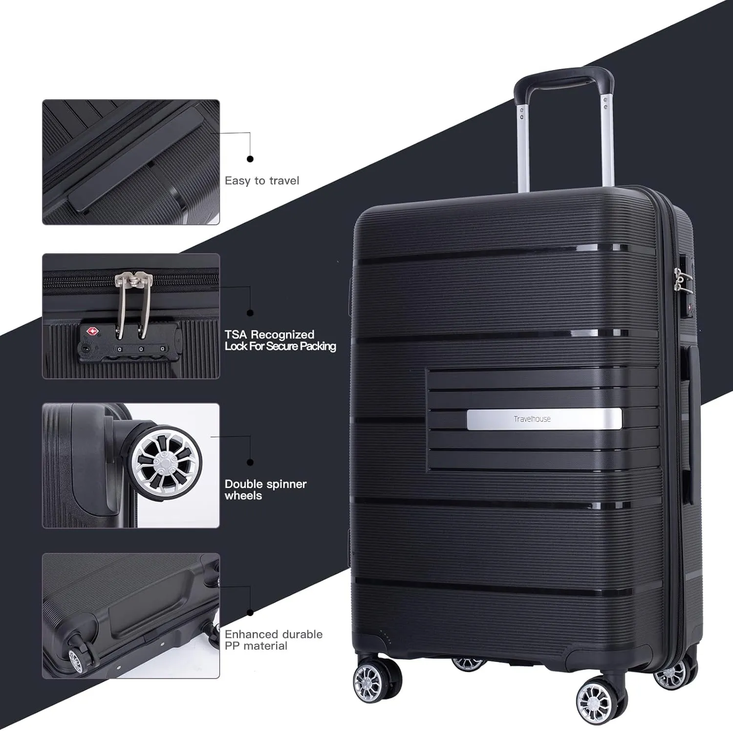 Travelhouse Amalodie Hardshell Upright Spinner Wheel Suitcase Set PP ABS, Lightweight Checked Carry-On Luggage 3-Piece Set with Spinner Wheels TSA Locks 20" 24" 28" (Jet Black)