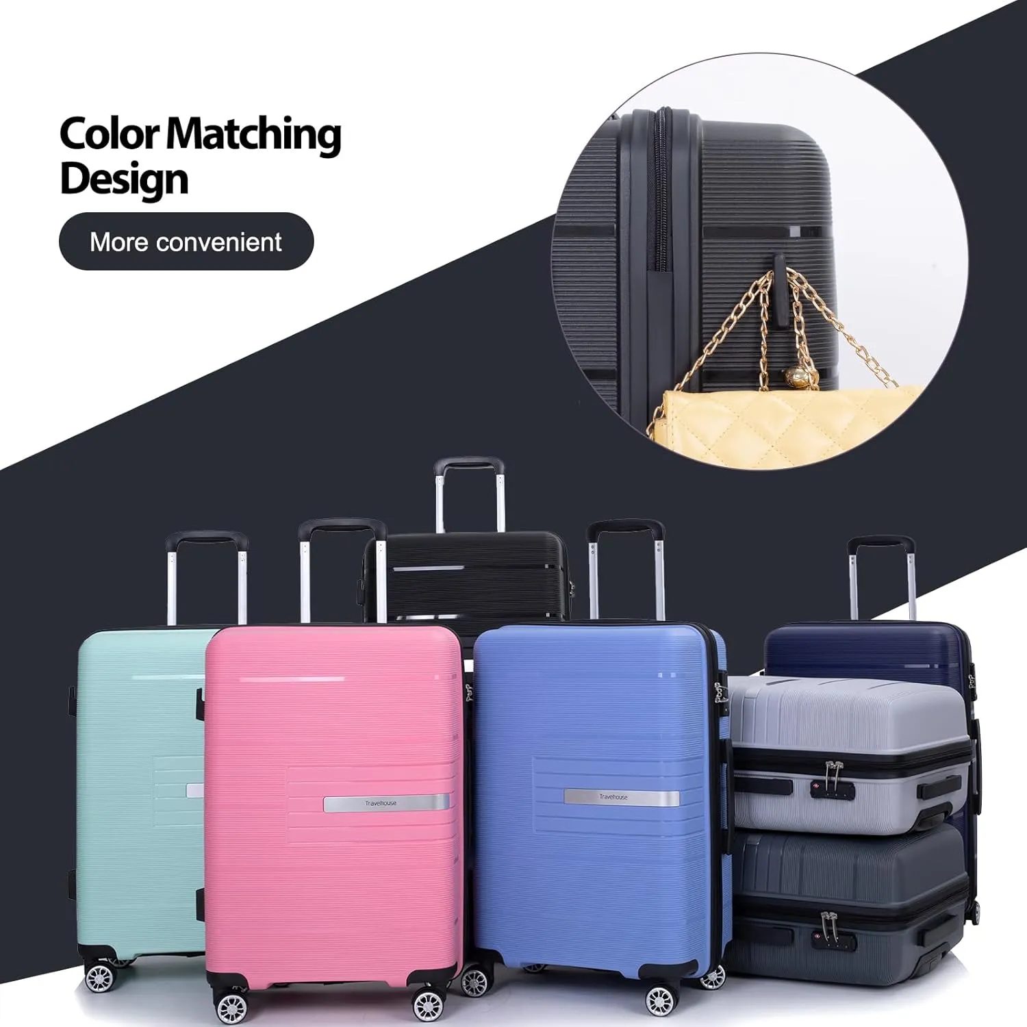 Travelhouse Amalodie Hardshell Upright Spinner Wheel Suitcase Set PP ABS, Lightweight Checked Carry-On Luggage 3-Piece Set with Spinner Wheels TSA Locks 20" 24" 28" (Jet Black)