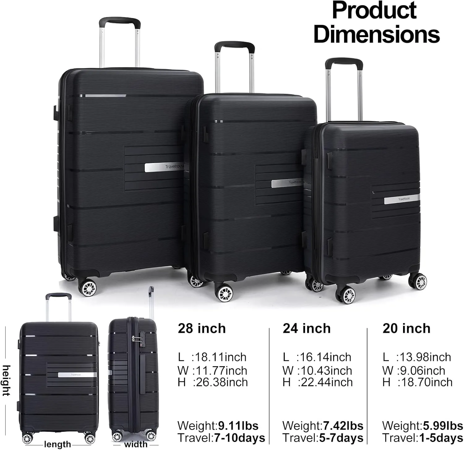 Travelhouse Amalodie Hardshell Upright Spinner Wheel Suitcase Set PP ABS, Lightweight Checked Carry-On Luggage 3-Piece Set with Spinner Wheels TSA Locks 20" 24" 28" (Jet Black)