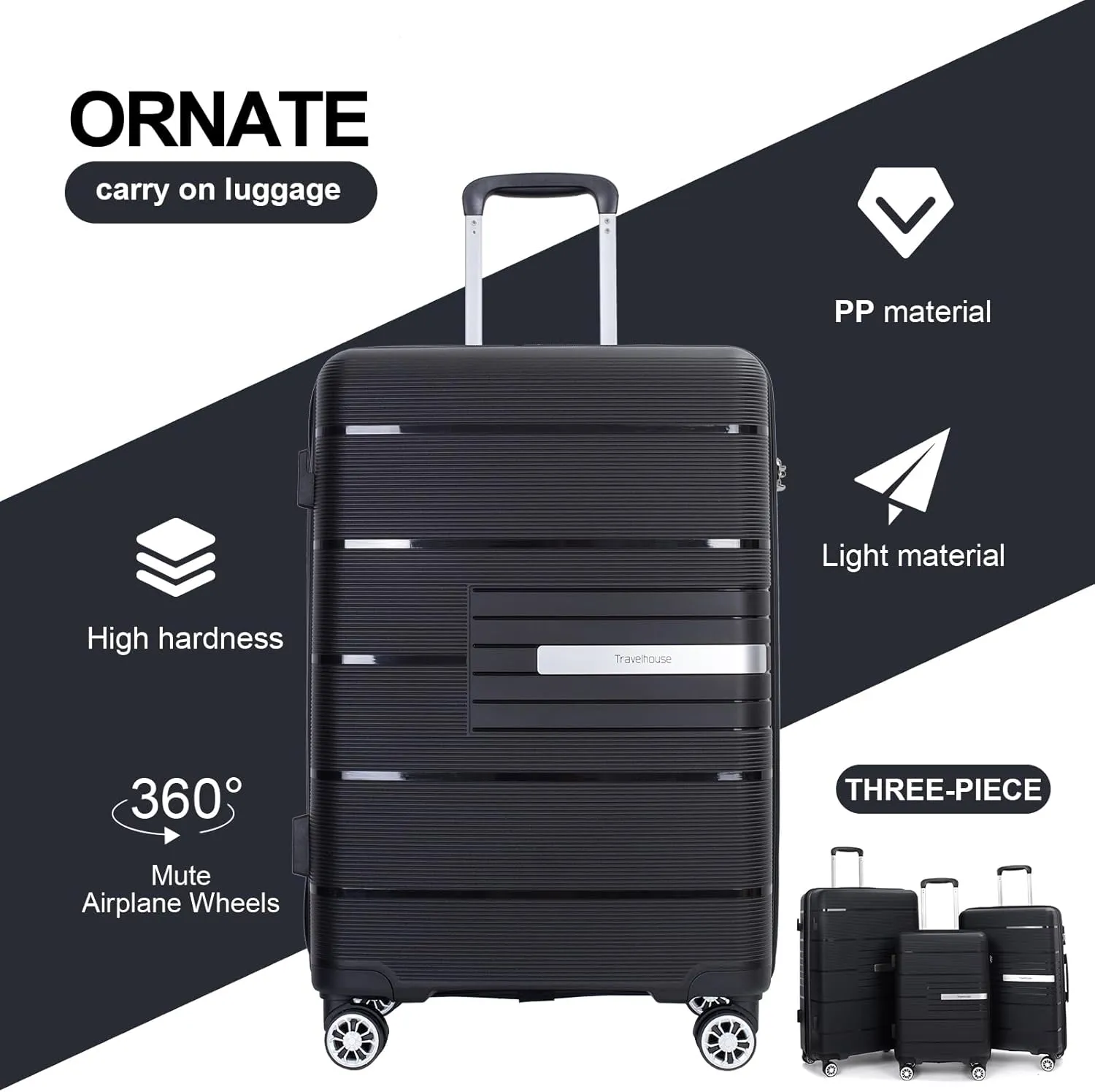 Travelhouse Amalodie Hardshell Upright Spinner Wheel Suitcase Set PP ABS, Lightweight Checked Carry-On Luggage 3-Piece Set with Spinner Wheels TSA Locks 20" 24" 28" (Jet Black)