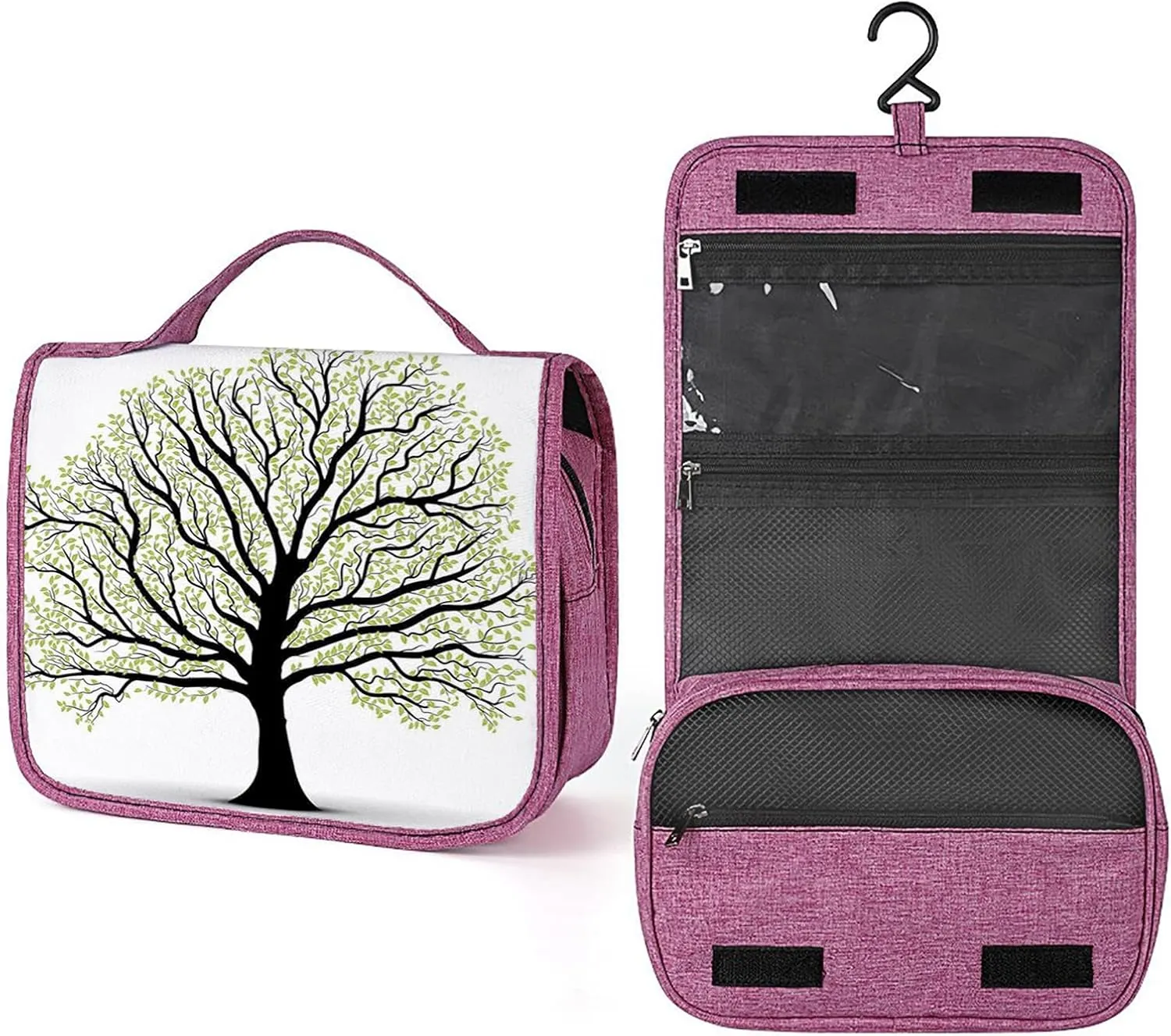 Tree Of Life Print,Makeup Bag Cosmetic Travel Bag with Hanging Hook,Leaves and Branches Nature Art,Water-resistant Make Up Bag Organizer for,Full-size Container,Toiletries,Black White Green