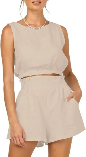 Trendy Queen Womens Summer 2 Piece Outfits Short Sets Matching Sleeveless Tank Top High Waisted Shorts with Pockets