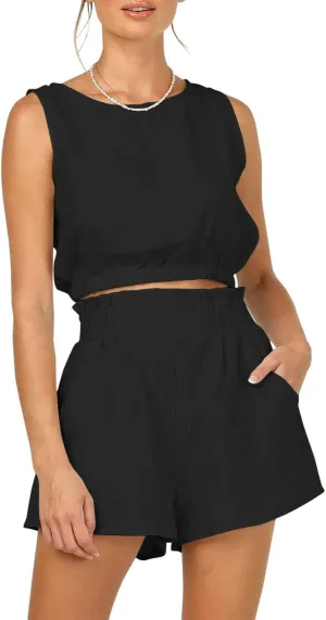 Trendy Queen Womens Summer 2 Piece Outfits Short Sets Matching Sleeveless Tank Top High Waisted Shorts with Pockets