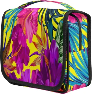 Tropical Floral Flower Travel Toiletry Bag for Women Portable Waterproof Travel Makeup Bag with Hanging Hook Makeup Cosmetic Organizer for Travel Business Trip Camping Bathroom