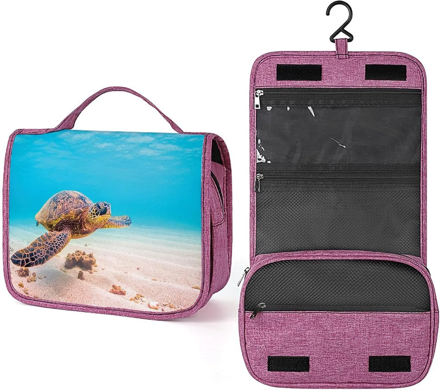 Turtle Pattern,Travel Toiletry Hanging Bag Waterproof Bags,Hawaiian Green Sea Turtle Ocean Photo,Makeup bag Organizers, Cosmetic Travel-Sized Container,Large Capacity for Women,Brown Blue