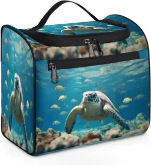 Turtle Reefs Women's Toiletry Bag Waterproof Cosmetic Bag Marine life Sea Turtles Travel Cosmetic Bag Multi-functional Organizer with Hooks Suitable for Full-size Toiletries and Cosmetics
