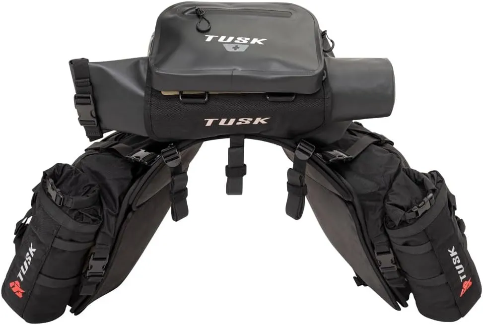 TUSK Highland X2 Rackless Luggage System w/Small Dry Duffel/Large Bottle Holders Compatible with KTM/Husky 690-701 Heat Shield Black/Tan