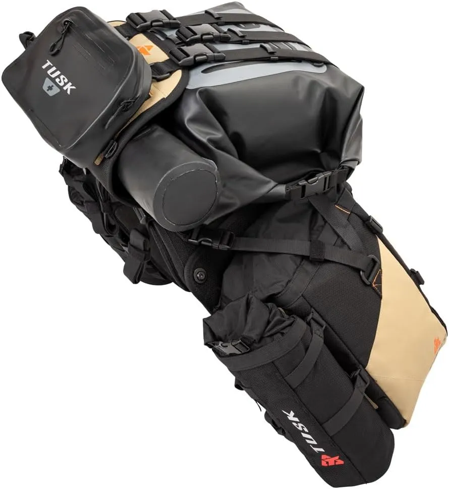 TUSK Highland X2 Rackless Luggage System w/Small Dry Duffel/Large Bottle Holders Compatible with KTM/Husky 690-701 Heat Shield Black/Tan