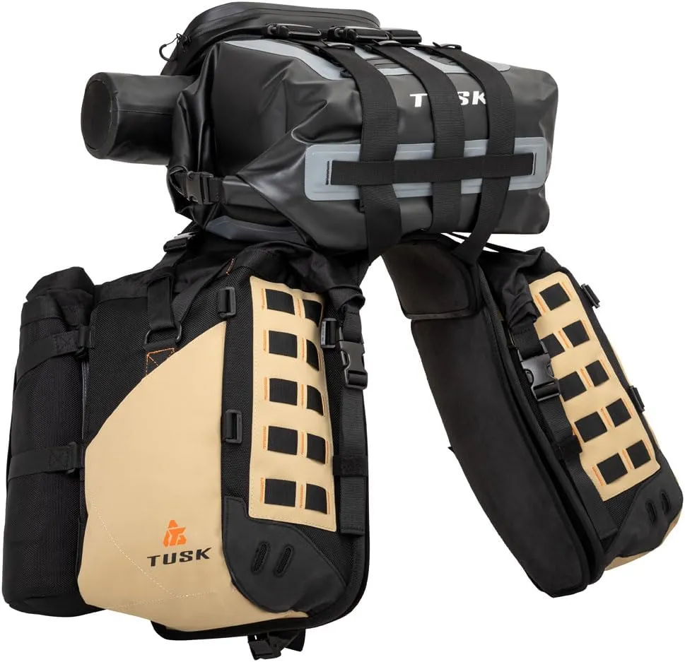 TUSK Highland X2 Rackless Luggage System w/Small Dry Duffel/Large Bottle Holders Compatible with KTM/Husky 690-701 Heat Shield Black/Tan