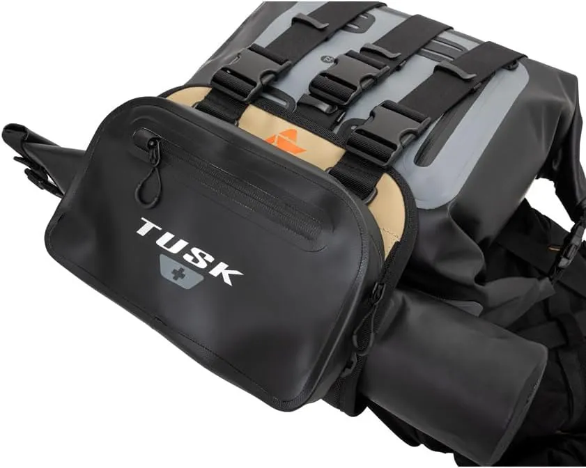 TUSK Highland X2 Rackless Luggage System w/Small Dry Duffel/Large Bottle Holders Compatible with KTM/Husky 690-701 Heat Shield Black/Tan