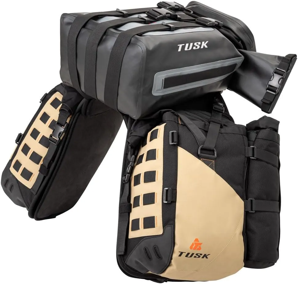 TUSK Highland X2 Rackless Luggage System w/Small Dry Duffel/Large Bottle Holders Compatible with KTM/Husky 690-701 Heat Shield Black/Tan