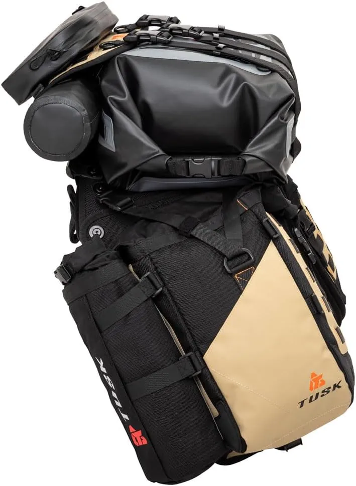 TUSK Highland X2 Rackless Luggage System w/Small Dry Duffel/Large Bottle Holders Compatible with KTM/Husky 690-701 Heat Shield Black/Tan