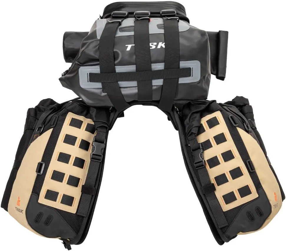 TUSK Highland X2 Rackless Luggage System w/Small Dry Duffel/Large Bottle Holders Compatible with KTM/Husky 690-701 Heat Shield Black/Tan