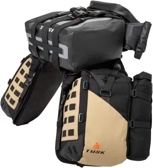 TUSK Highland X2 Rackless Luggage System w/Small Dry Duffel/Large Bottle Holders Compatible with KTM/Husky 690-701 Heat Shield Black/Tan