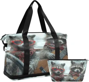 Two Cute Raccoons Duffel Bag Lightweight Carry On Gym Bags for Travel and Weekends, Versatile Overnight Bag with Shoe Compartment