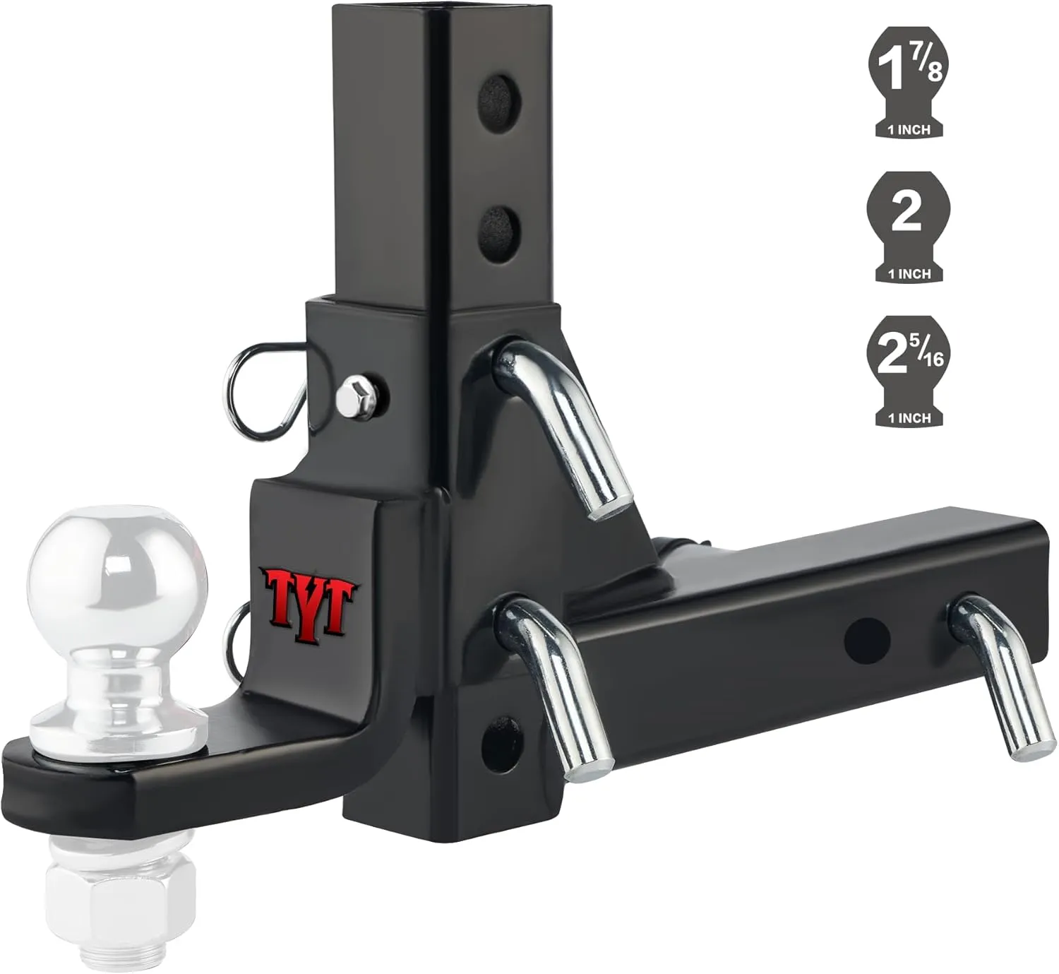 TYT Adjustable Trailer Hitch Ball Mount, 6-Position Tow Hitch, Fits 2-Inch Receiver, with 1" Hitch Ball Hole, 9-1/2" Drop & 8-1/4" Rise Drop Hitch, 7500 lbs