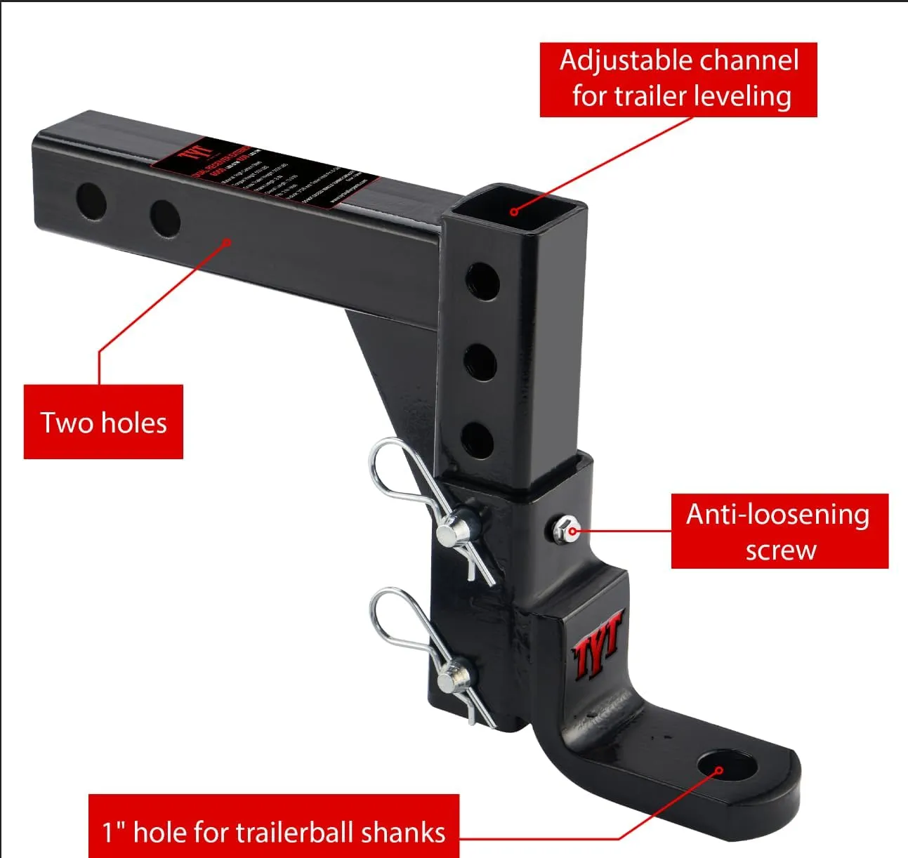 TYT Adjustable Trailer Hitch Ball Mount, 6-Position Tow Hitch, Fits 2-Inch Receiver, with 1" Hitch Ball Hole, 9-1/2" Drop & 8-1/4" Rise Drop Hitch, 7500 lbs