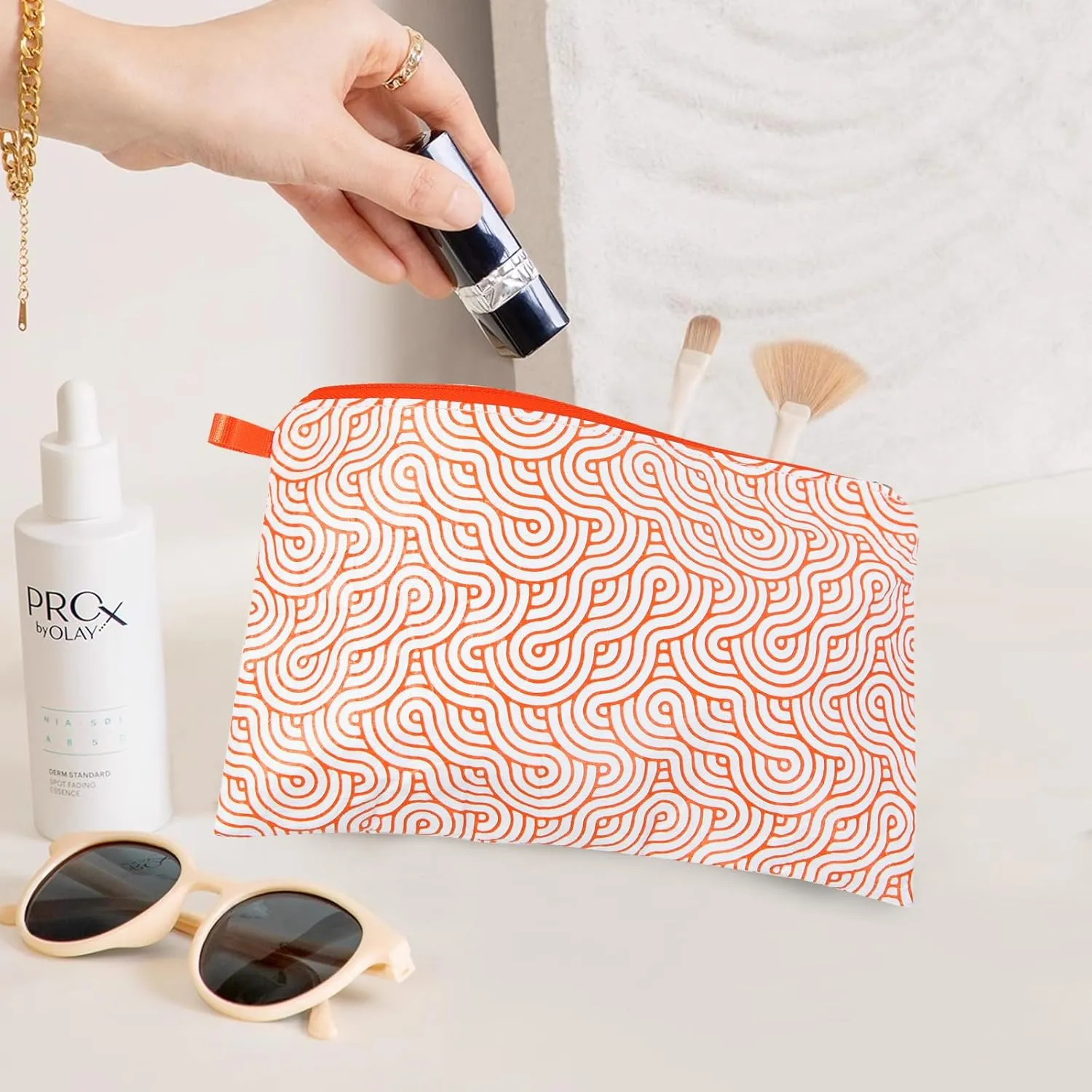 Tyvek Waterproof Mini Makeup Bag for Women, Travel Cosmetic Bag, Orange, 9.5x6x1.5 inches