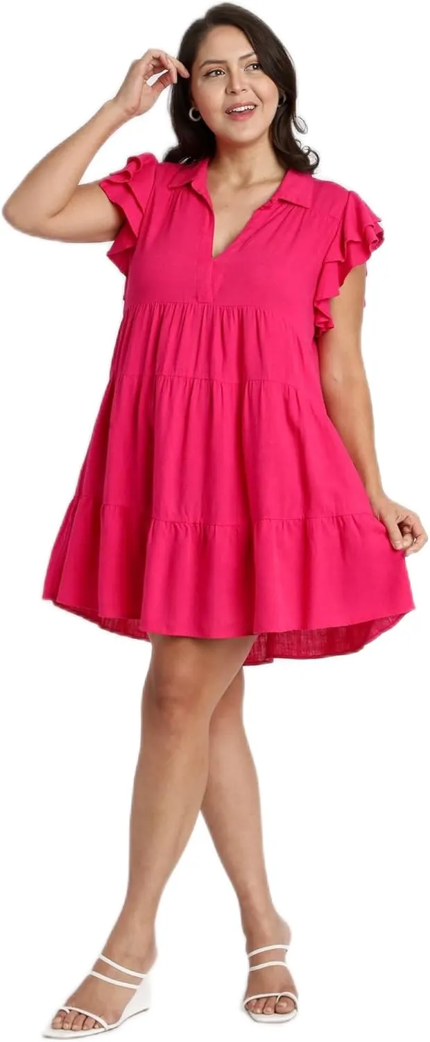 Umgee Linen Blend Collar Split Neck Short Ruffle Sleeves Tiered Dress