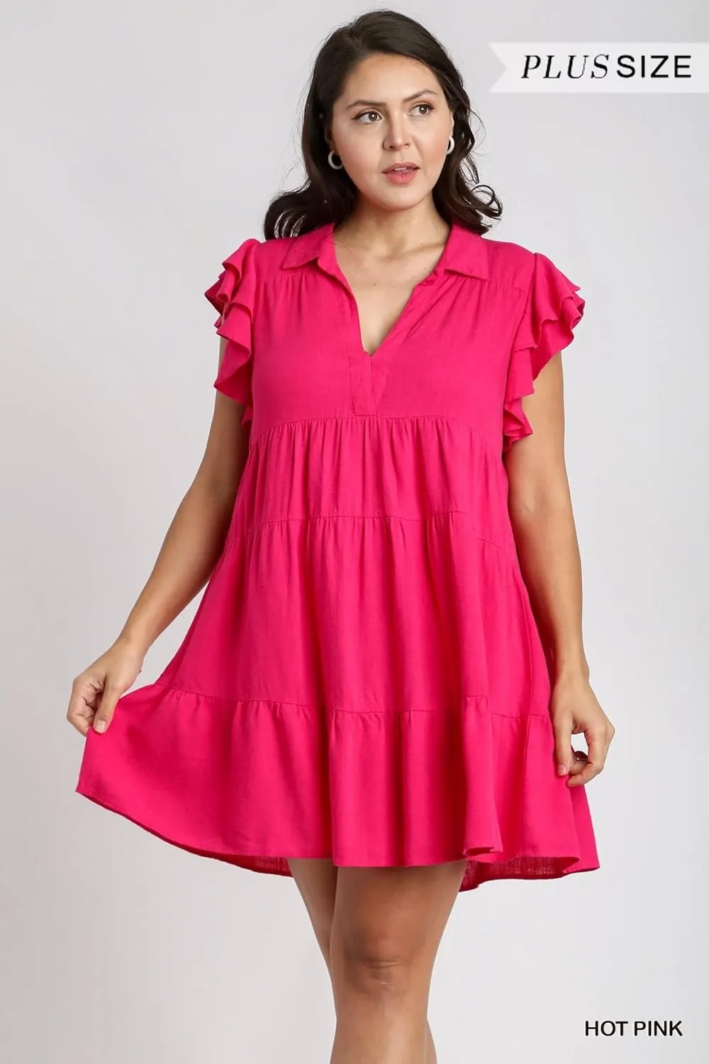 Umgee Linen Blend Collar Split Neck Short Ruffle Sleeves Tiered Dress