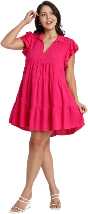 Umgee Linen Blend Collar Split Neck Short Ruffle Sleeves Tiered Dress