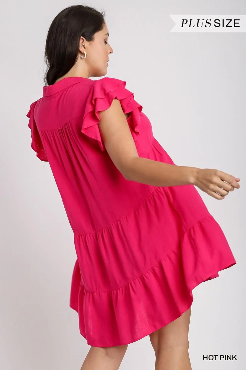 Umgee Linen Blend Collar Split Neck Short Ruffle Sleeves Tiered Dress