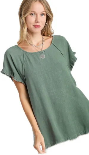 Umgee Linen Ruffle Fringe Edges Top
